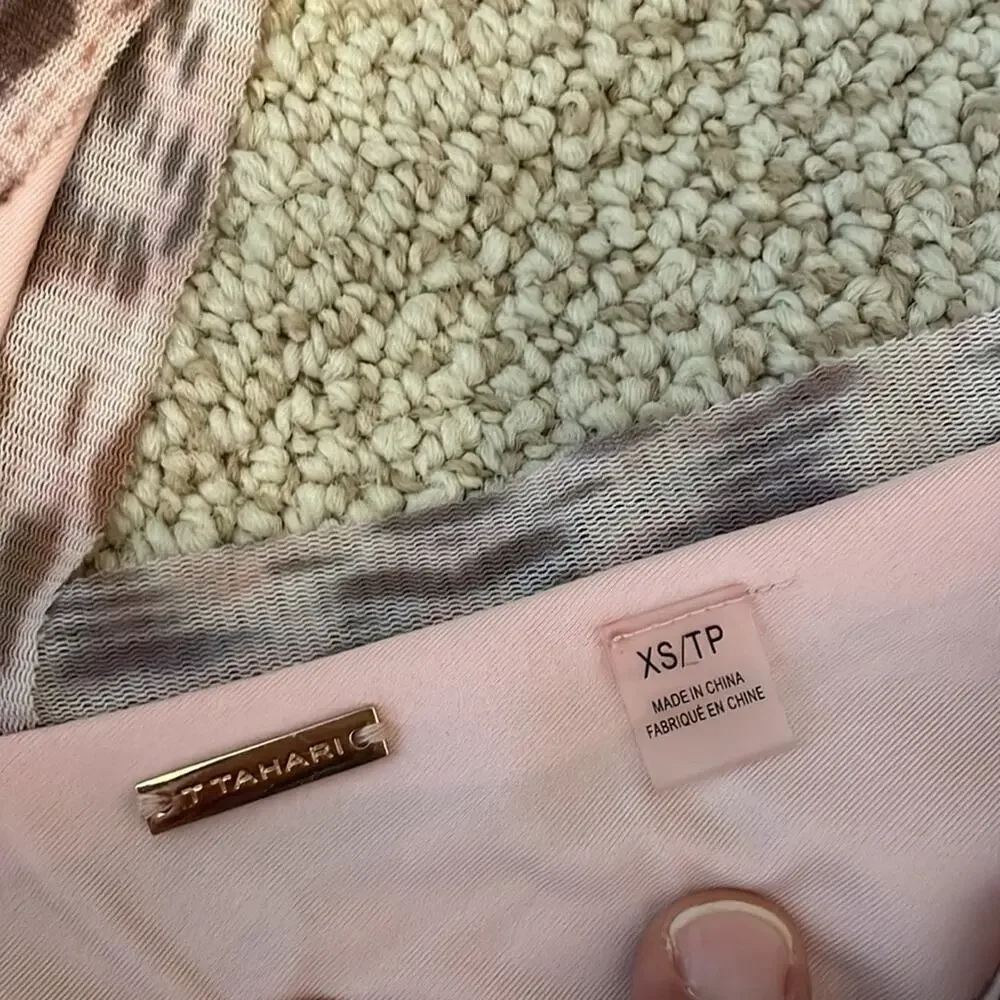 T Tahari Midi Dress Sheer Overlay Animal Print V-Neck Pink Brown XS - Picture 9 of 10
